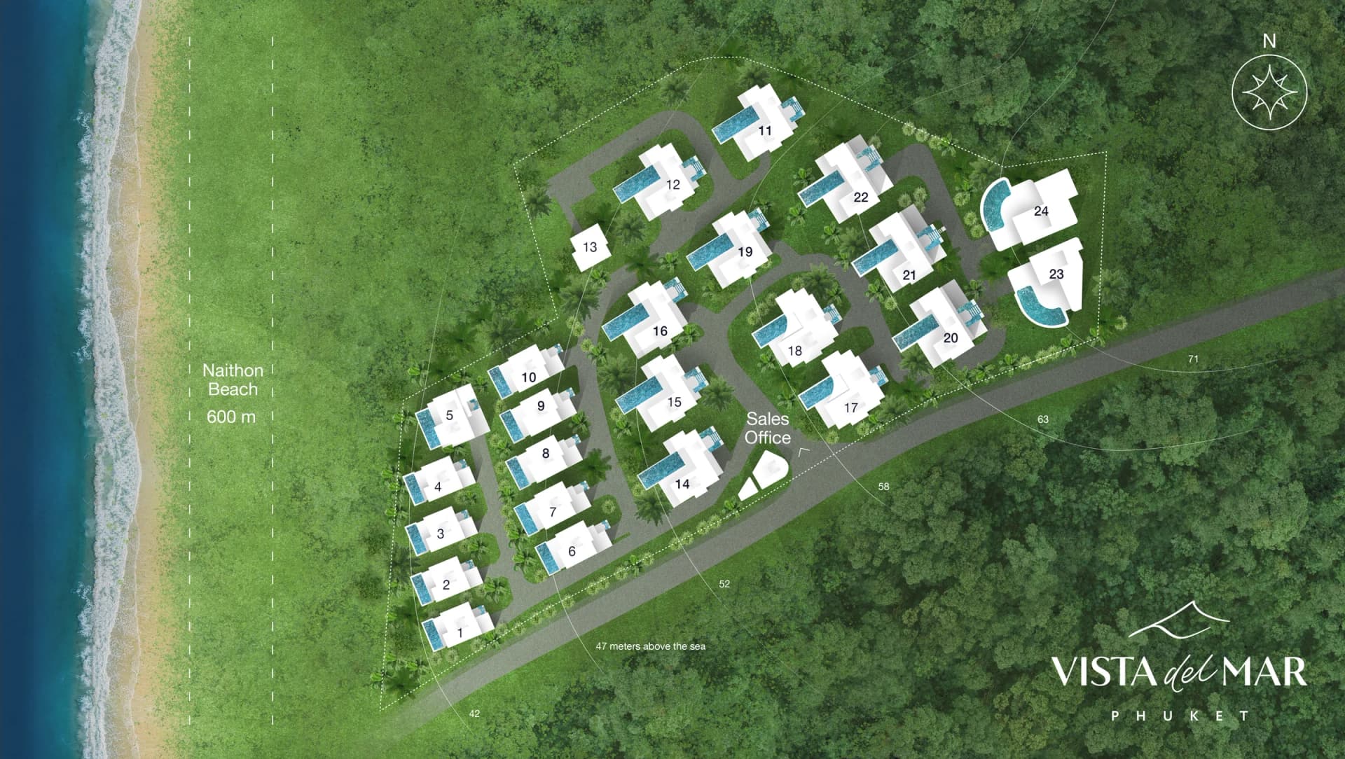 Plan zagospodarowania Vista del Mar: 24 numerowane działki na wzgórzu nad plażą Naithon z poziomicami 42–71 m