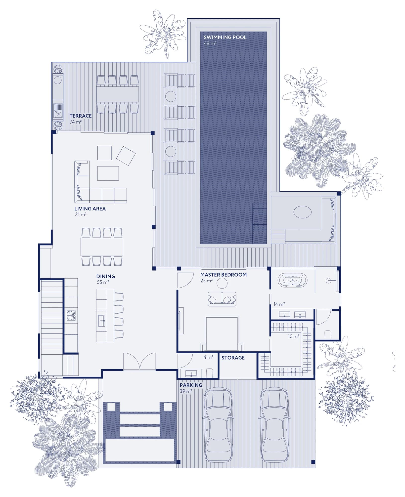 LX obere Ebene: Pool, Terrasse, Wohnbereich, Küche, Hauptsuite, Stellplatz