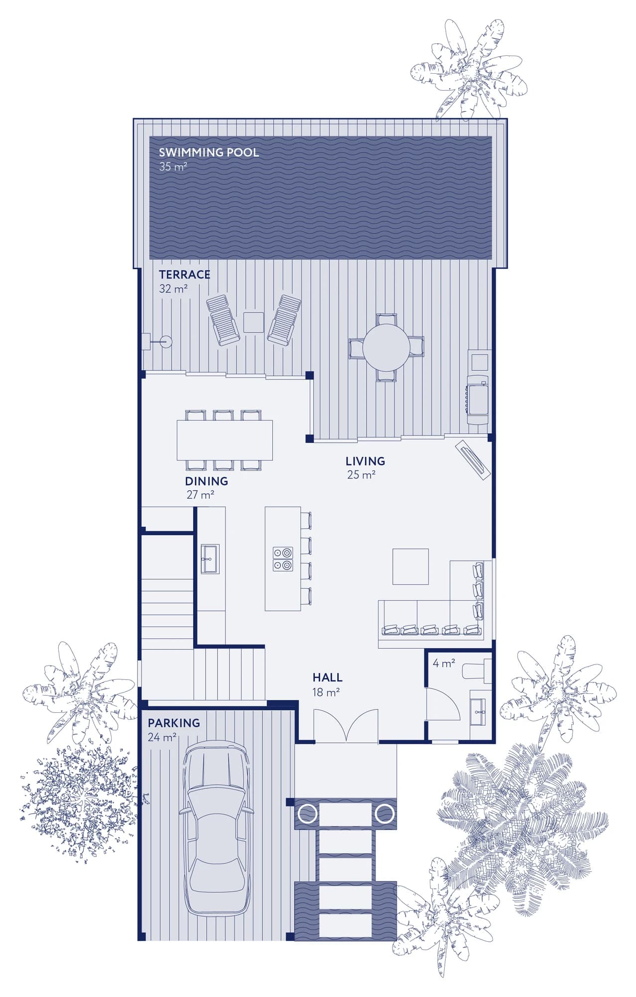 VX obere Ebene: Pool, Terrasse, Wohnbereich, Küche, Stellplatz